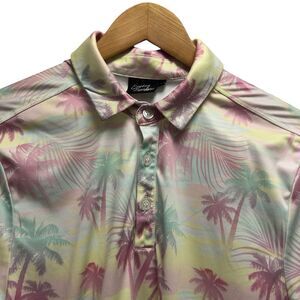 Sunday Swagger Men's Sz M Hawaiian Golf Polo Pastel Yellow/Pink/Green Palm Trees